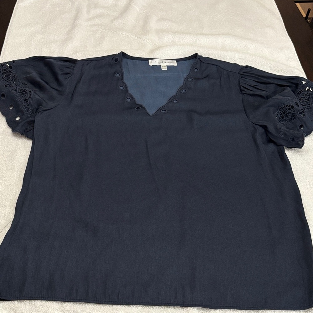Chelsea & Theodore Midnight Blue Blouse with Eyelet Sleeves